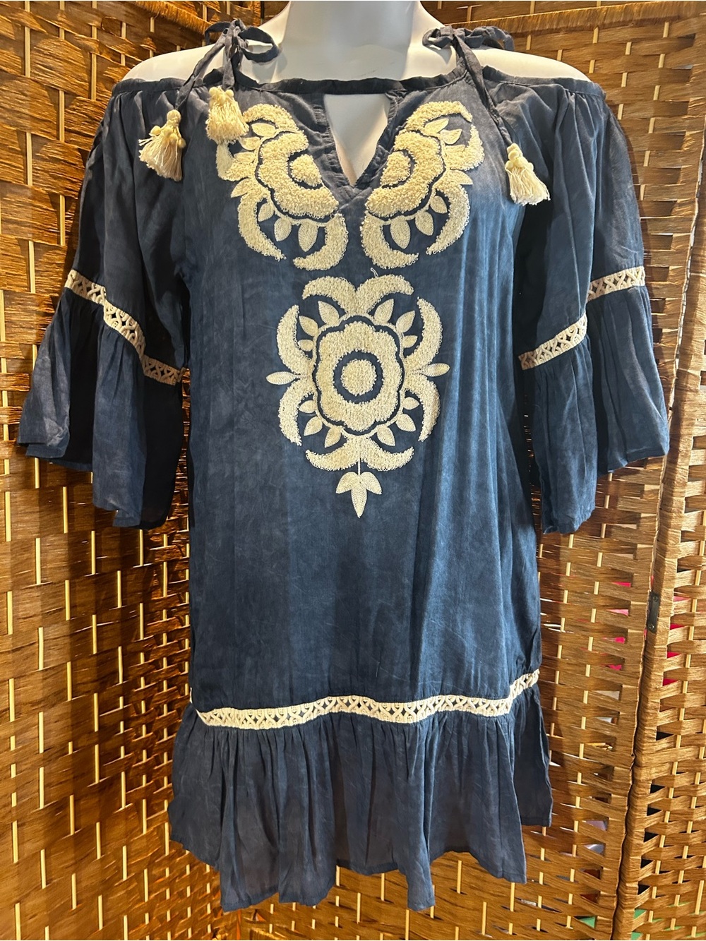Shoulder Mari Embroidered Boho Mini Dress Blue Tassel Peasant NWT
